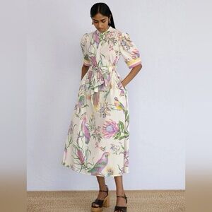 NWT Banjanan $400 Daffodil XS Cream and Pink Bird Print Midi Dress